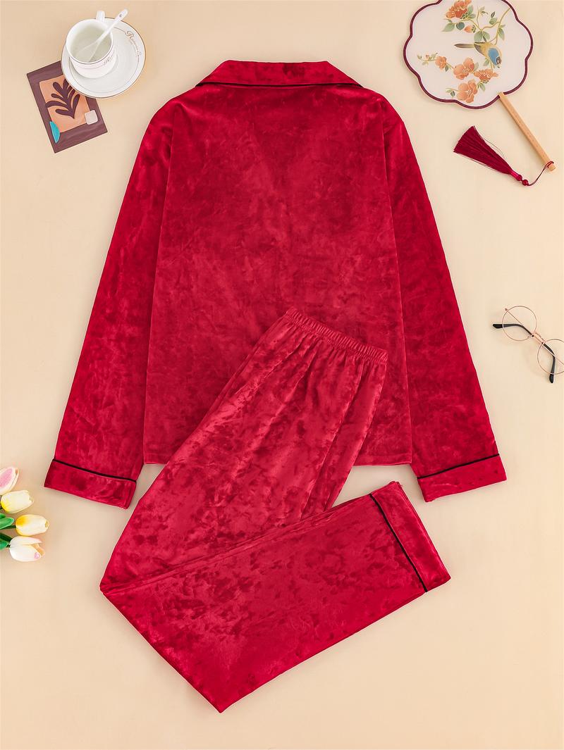 PAJAMAS Long Sleeve Red Velvet Pajama Set with Button Front and Pocket for Cozy Nightwear