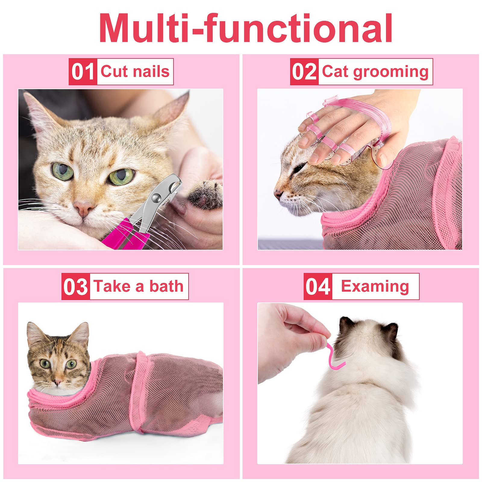 5 Pcs Pink Cat Bathing Set: Grooming Bag (Adjustable), Shower Net, Muzzles, Nail Clipper, Tick Remover & Massage Brush.