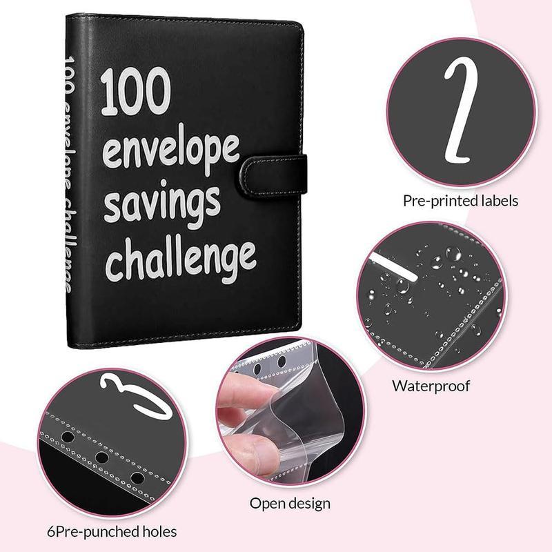100 Envelopes Money Saving Challenge - A5 Money Saver Budget Binder Book with Cash Envelopes and Numbers, 100-Days of Easy and Funny Ways to Save $5,050 Cash Envelope Challenge Binder, Pink，Black