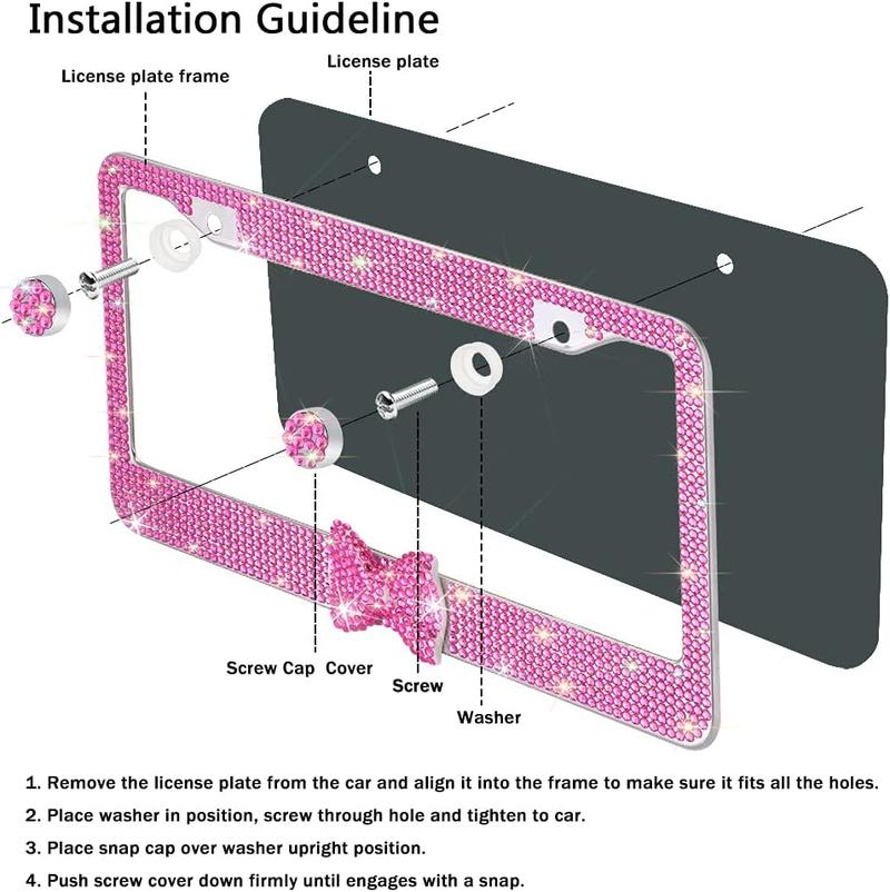 2 Pack Bling License Plate Frame，Handcrafted Bling Rhinestone Premium Stainless Steel License Plate Frame，14 Facets Clear Color Rhinestone Crystal (Pink&Pink-Bow)
