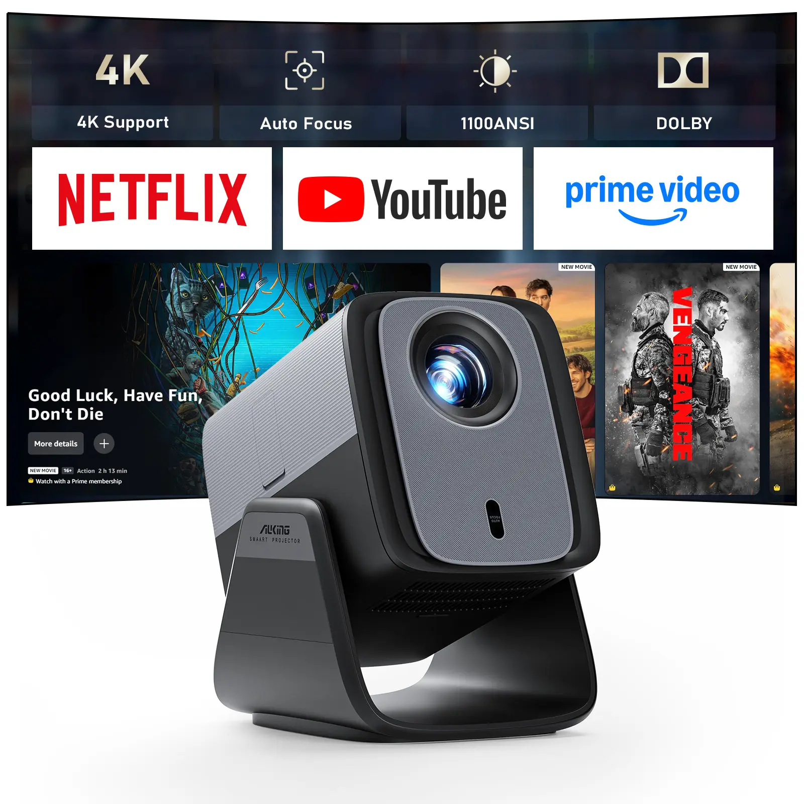 AuKing Smart Portable Video Projector - 1100 ANSI Lumens, Auto Focus in Secs, Auto Keystone, Dolby Audio, WiFi 6, Bluetooth 5.0, 50% Zoom, Netflix/YouTube Streaming, 2-Year Warranty + 1V1 Support, Outdoor & Home Cinema Projector, Outdoor Projector, Smart