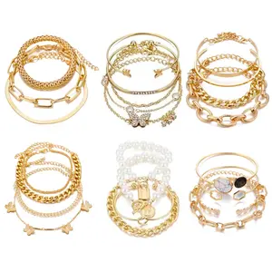 6 pack Boho Gold Chain Bracelets Set 24 PCS Stackable Bangles 14K Gold Plated Multiple Layered Adjustable Link for Women