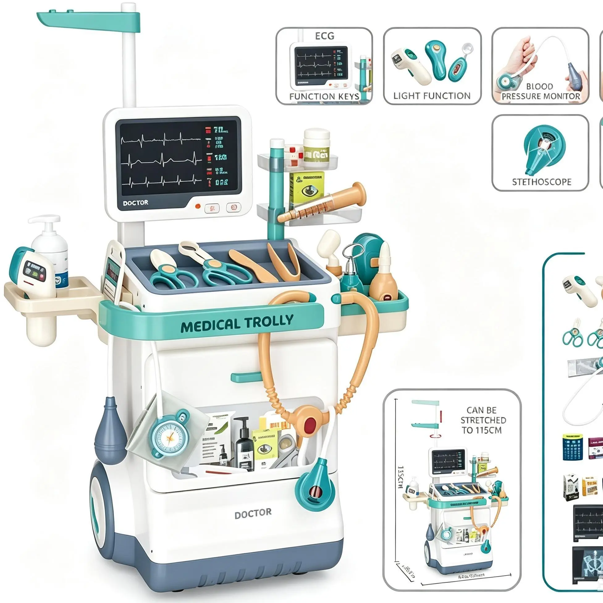 Serena & Jewel Kids' 26-Piece Pretend Medical Station Mobile Cart Toy Set, Featuring Lights, Thermometer, Stethoscope, Educational Role Play Accessories for Boys & Girls