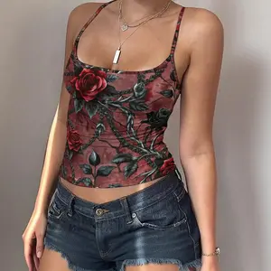 Gothic Floral Print Cami Top – Rose & Vine Tank Top – Aesthetic Y2K Grunge Style – Sleeveless Summer Crop