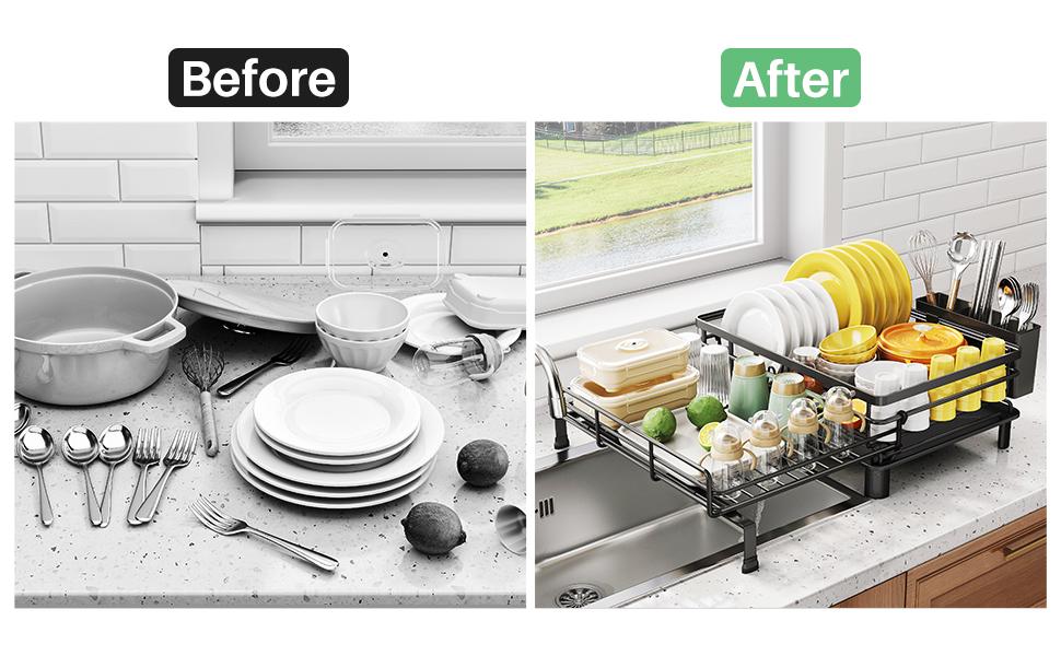 Small Dish Drying Rack - Extendable Dish Rack, Large Sink Drying Dish Drainer for Kitchen Counter, Stainless Steel Dish Strainer with Utensil Holder