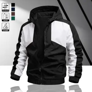 Men’s color-block hooded windbreaker with elastic hem, lightweight wear-resistant fabric, zip closure, street-style functional design for everyday outings, parties, and dates; suitable for spring and summer, casual sports jacket.