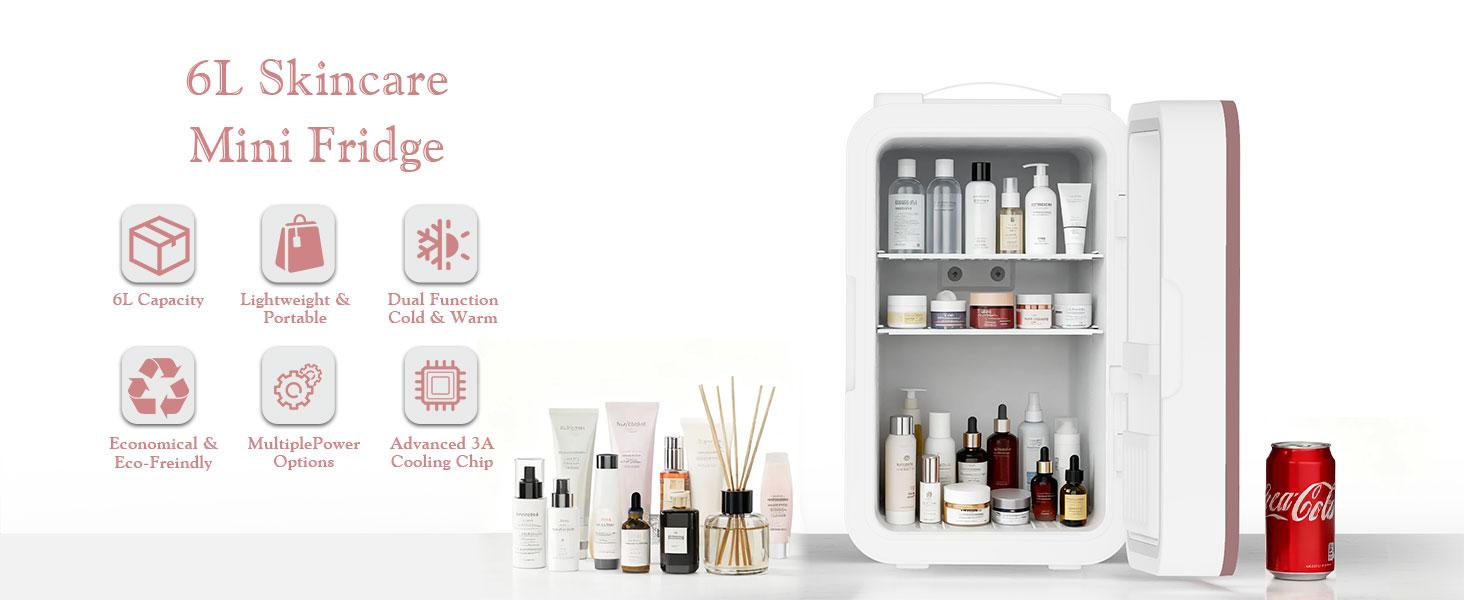 Mini Fridge for Bedroom, 6L Skincare Fridge with LED Mirror, Portable Cooler & Warmer for Dorm, Office, Makeup & Cosmetics, White Compact Quiet Design