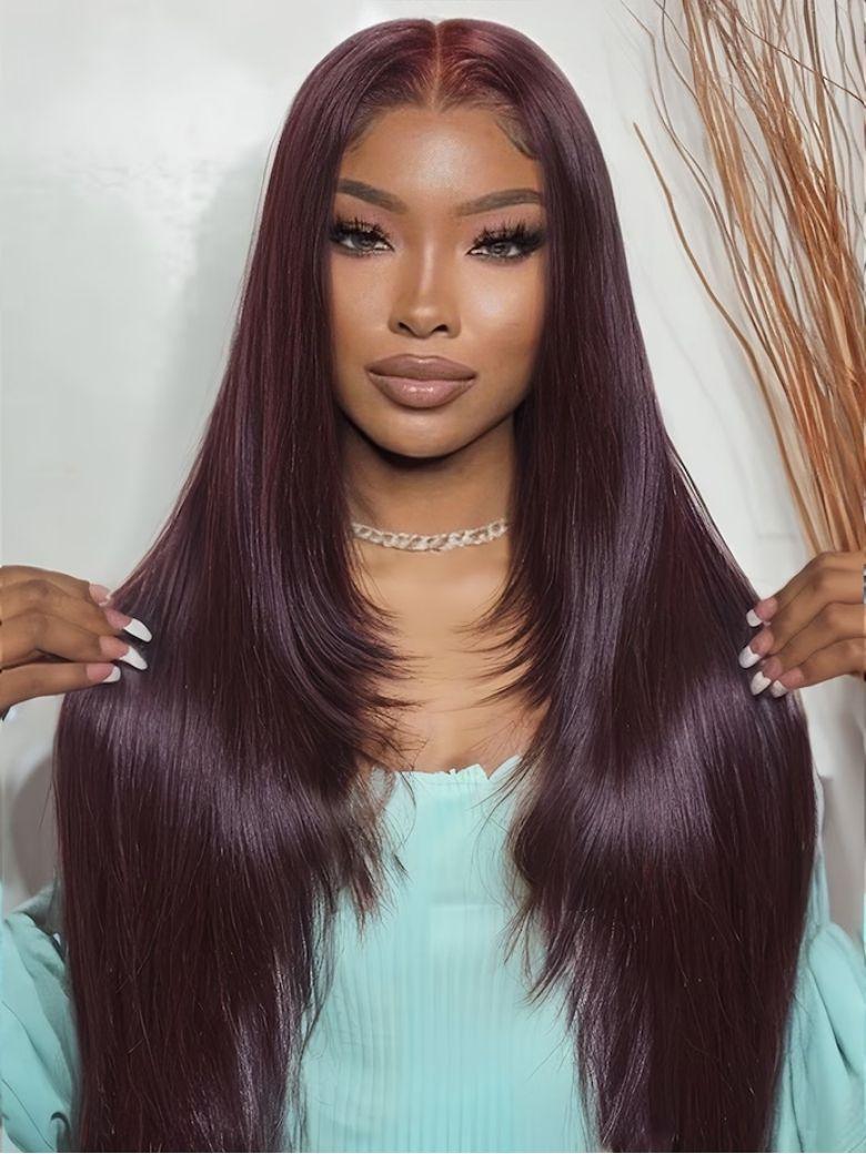 Unice Glueless Black Cherry Layered Straight Wig with Drawstring Pre Cut 7x5 HD Lace Closure Human Hair Wigs with Invisible Knots Beginners Friendly Natural Scalp SpringStatements