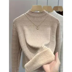 Women's Fleece-Lined Warm Turtleneck Sweater - High Elasticity Long Sleeve Top, Solid Color Versatile Layered Look for All Seasons, Soft Texture Suitable for Casual and Formal Wear Knitwear Womenswear Knitting Basic