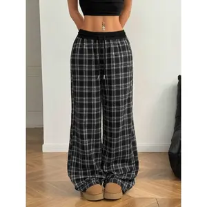 Women's Plaid Patchwork Comfortable Loose-Fit Casual Soft Straight Leg Pants, All-Season Kint Fabric, Perfect for Daily Wear
