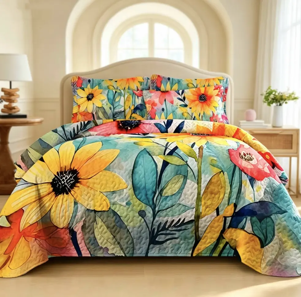 Bohemian-Style Lightweight Microfiber Bedspread & Coverlet Set - Vivid Watercolor Sunflowers, Skin-Friendly All-Season, Twin/Queen/King Sizes, Home Bedroom Inspo Room Decor, Fade Resistant
