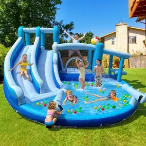 Blue white Inflatable Double Water Slide With Bounce House Jumping Climbing Wall Large Splash Pool Backyard Kids Water Park With Blower Accessories