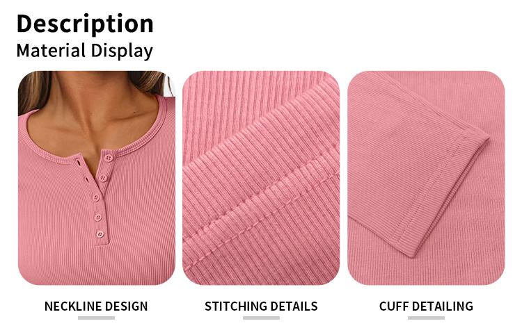 AUTOMET Women's 3 Piece Casual Long Sleeve Round Neck T-shirt for Daily Wear, Plain Button Front Ribbed Design