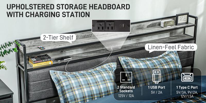 HOMCOM Bed Frame with Storage Headboard, Platform Bed Frame with LED Lights, Charging Station, Steel Slats, Noise-Free & Easy Assembly, No Box Spring Needed
