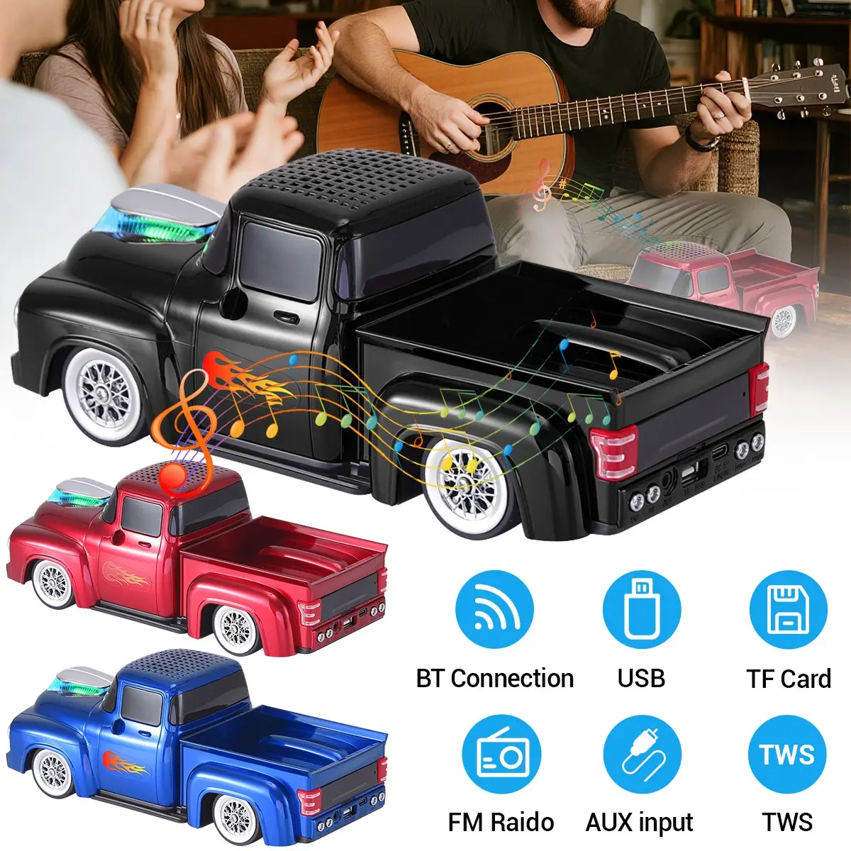 1950s Retro Truck Replica Aesthetic Tech Audio Speaker, Portable Wireless Stereo Speakers with Dual 2" Drivers, Bass Radiator, LED Light, FM Radio, Bluetooth Connectivity