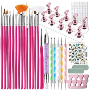 Nail Art Tools Set, 15 Nail Art Brushes 6 Nail Dotting Tool 3 Nail Stickers 2nail buffer 2 toe separator with Nail Stand Holder for Nail Tech & Beginners Nail Art Supplies Kit (Pink)