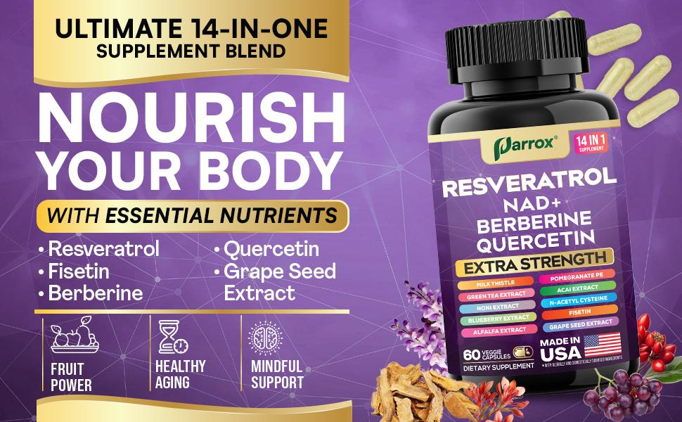 PARROX Resveratrol Supplement - 14 in 1 Dietary Supplement for Anti-Aging Support with NAD+, Berberine, & More - Made in USA - 60 Capsules