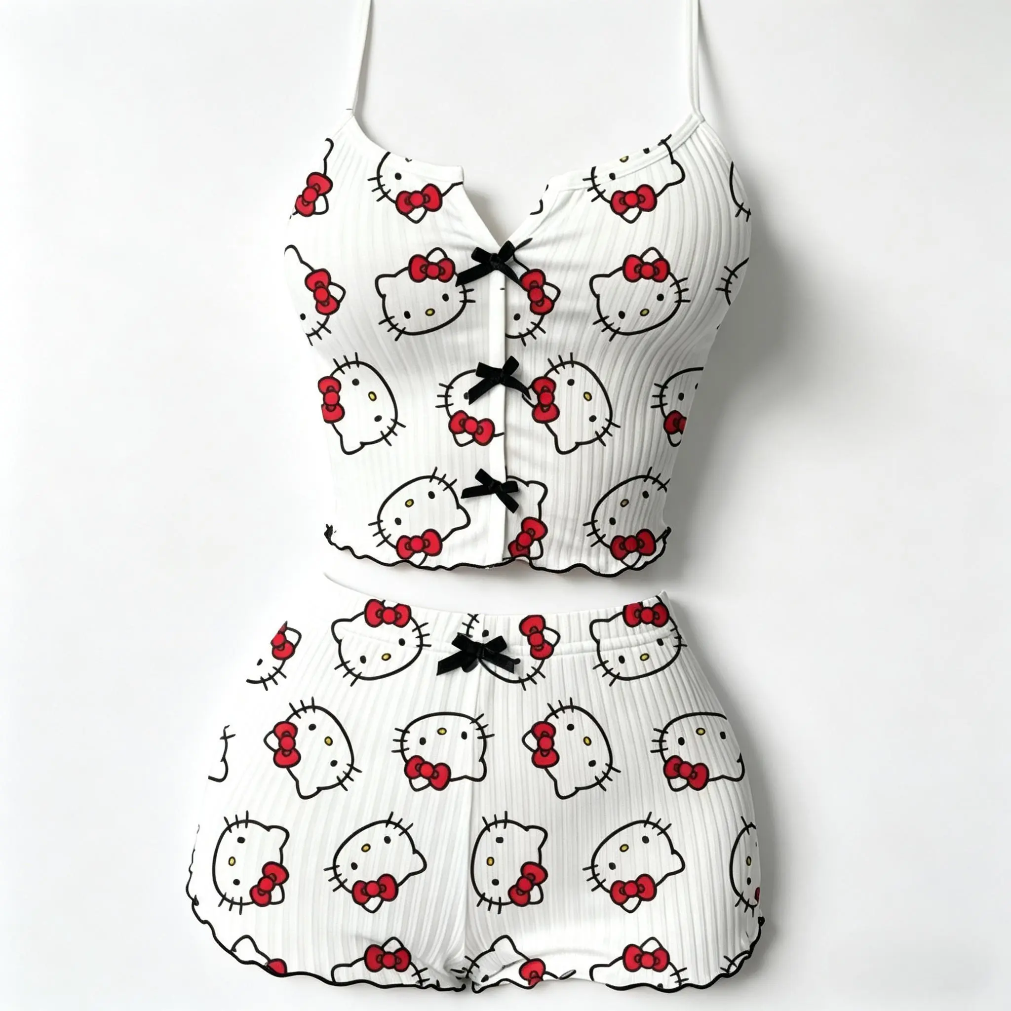 Sanrio Hello Kitty Tank Top and Shorts Loungewear Set Soft Comfy Sleeveless Pajama Kawaii Home Outfit for Girls & Women, Everyday, Nightwear, Lounge Pajamas