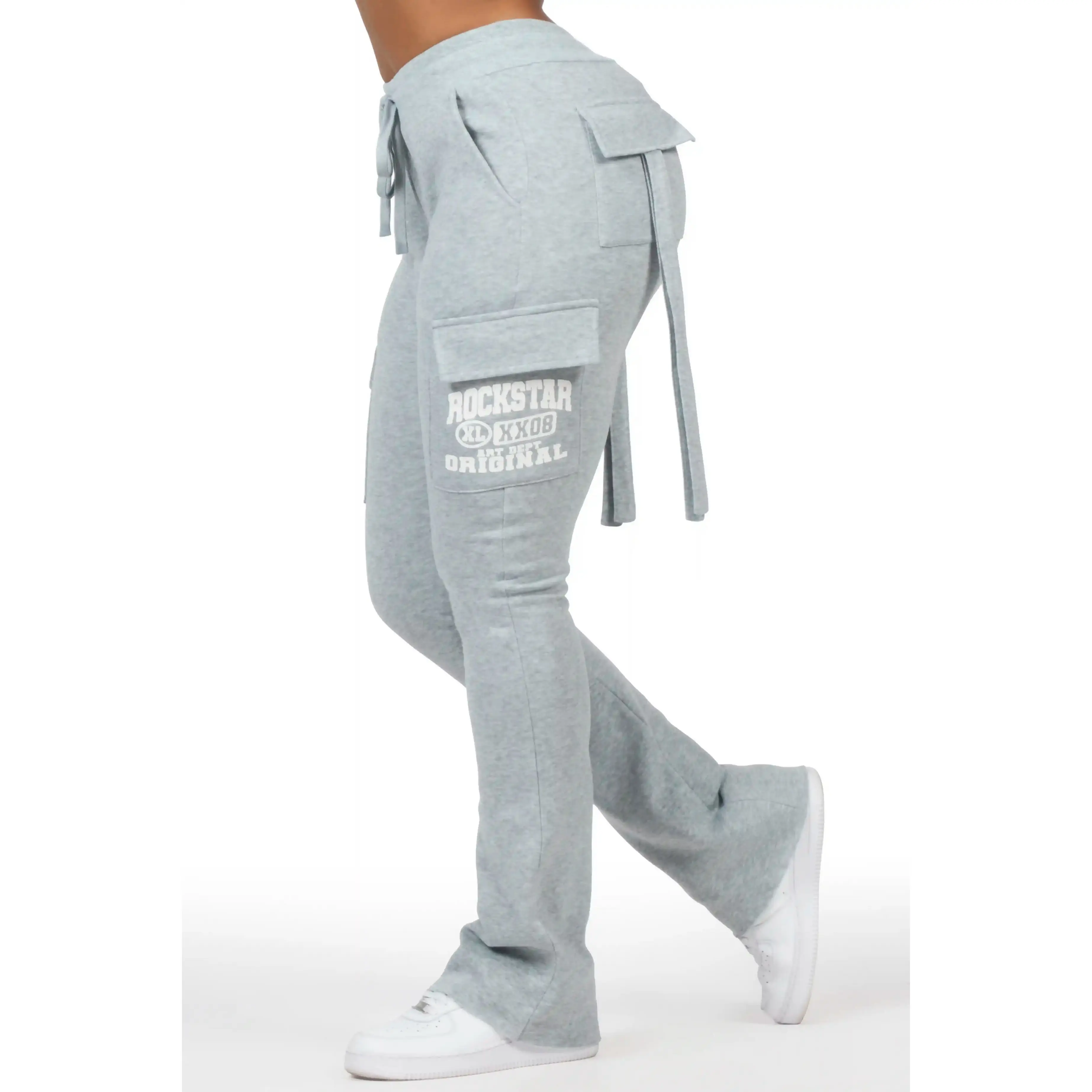 Elandira Heather Grey Cargo Stacked Track Pant