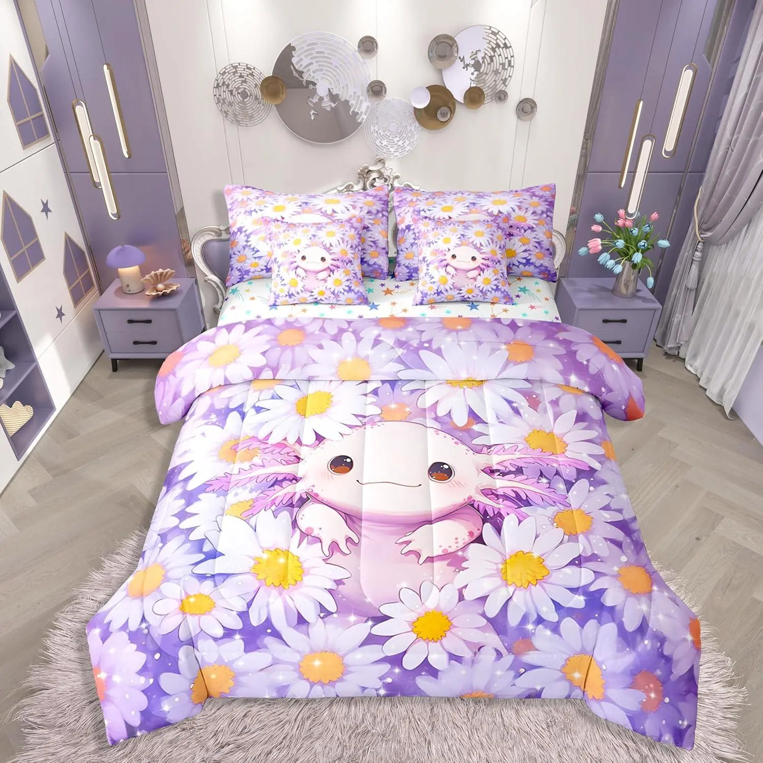 Girls Axolotl Comforter Set with Sheets Cartoon Purple Daisy 7-Piece Bedding Set for Kids Teens Cute Axolotl Bed in a Bag Coastal Ocean Animal Bed Quilt Sets