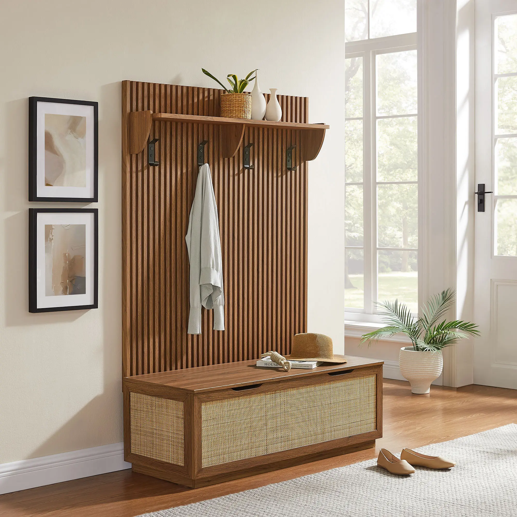 Soma Fluted Scandinavian Style 3-in-1 Entryway Storage Hall Tree - Walnut Wood Grain, Faux Rattan Panels, 4 Sturdy Hooks, Storage Bench, Deep Shoe Compartments, Flat Base, 209 lbs Capacity, Assembly Required