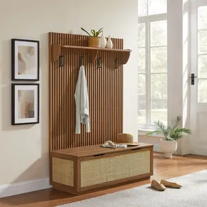 Soma Fluted 3-in-1 Hall Tree With Storage Bench and Coat Rack in Walnut