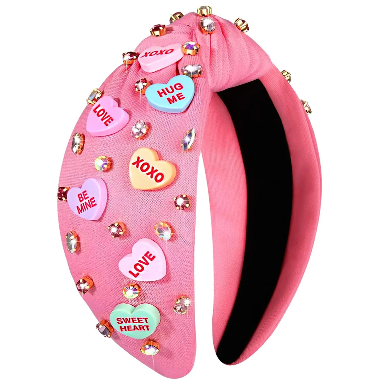 Valentineu2019s Day Headband for Women Love Heart Headband Jeweled Crystal Rhinestone Knotted Headband Red Pink Wide Top Knot Headband Valentineu2019s Day Hair Accessories Gifts