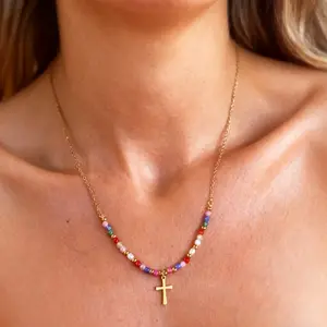 1 Piece Fashionable Personality Multi-Color Bead Cross Pendant Exquisite Adjustable Necklace For Women Religious Jewelry Gift For Daily Wear