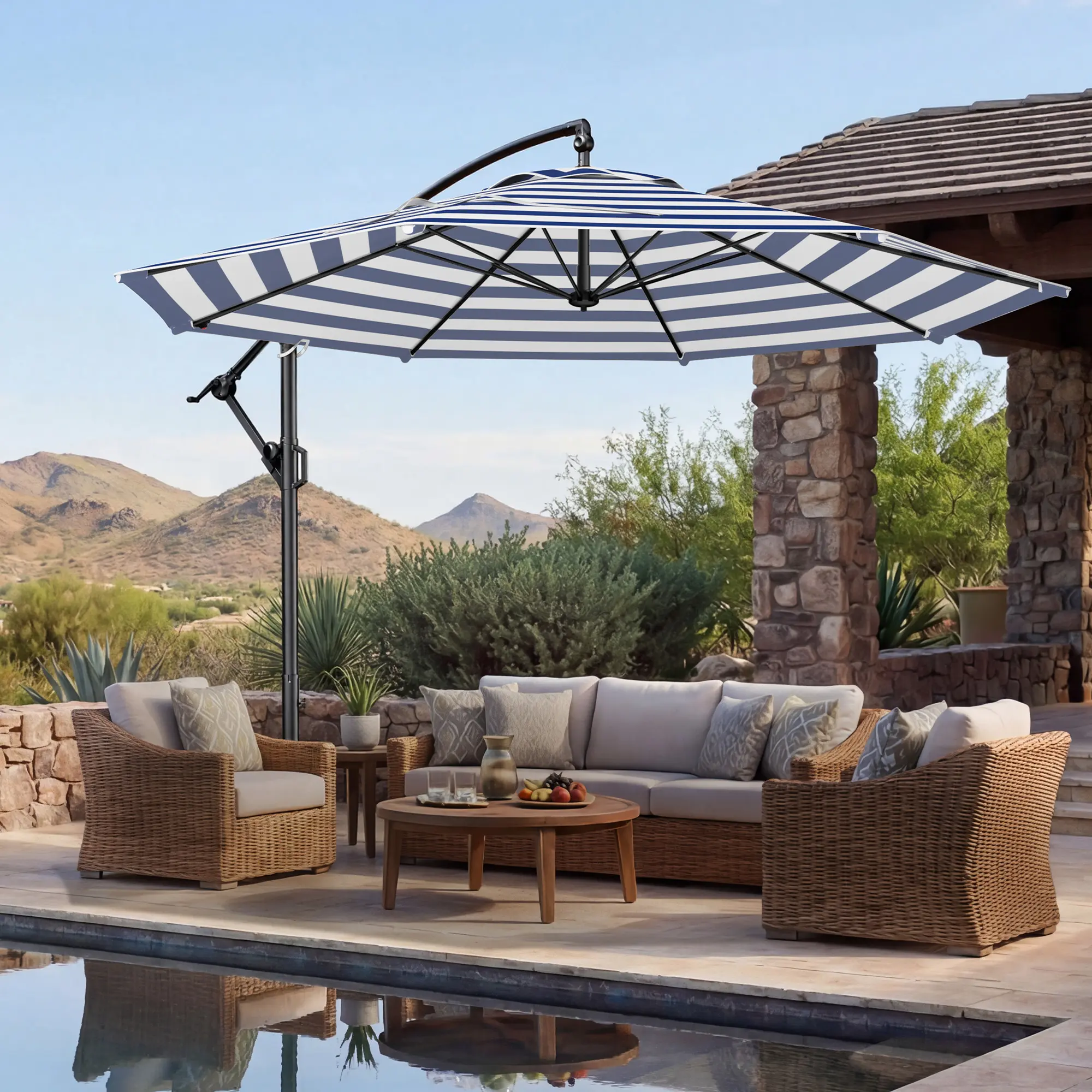 [With Base] 10ft Offset Patio Umbrella with Base, UPF50+ UV Protection, 220gsm Fade-Resistant Canopy, 8 Thick Ribs, 30MPH Wind Resistant, Adjustable Tilt & Easy Crank, Cantilever Umbrella for Garden Backyard Poolside
