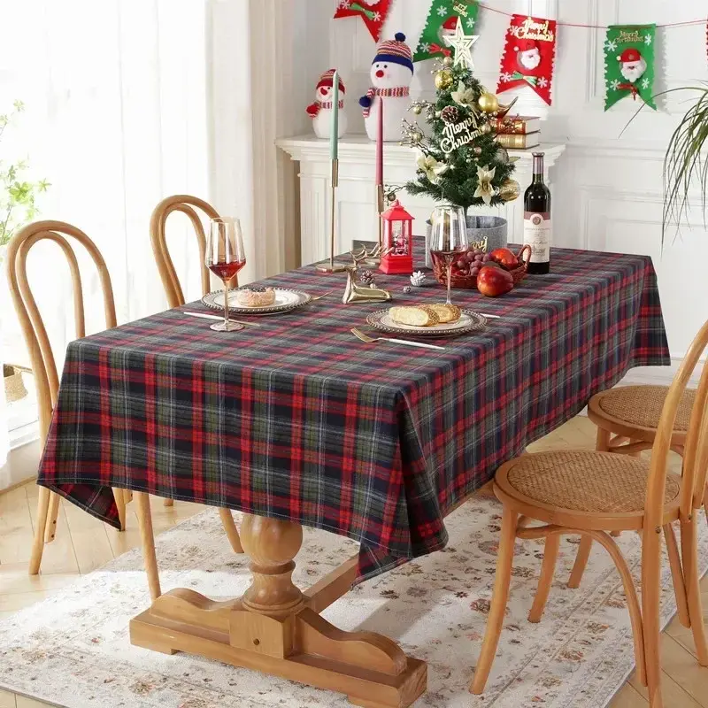 Christmas Decoration Plaid Tablecloth Color Woven Polyester Cotton Red Green Table Cover for Home Party Dining Decor NONE