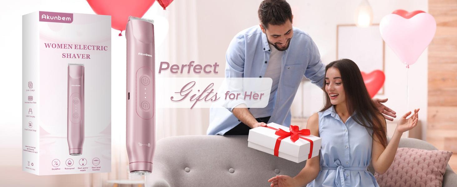 Akunbem Bikini Trimmer for Women, Electric Shaver and Razor Rechargeable 2-in-1 Body and Facial Epilator, Dual Heads for Painless Trimming of Pubic Hair, Face, Underarms and Legs, Summer Gift