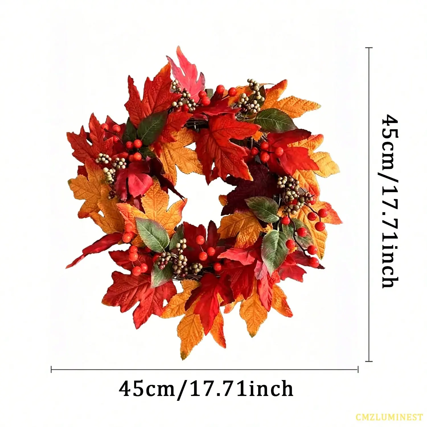 Thanksgiving wreath decoration, autumn front door wreath featuring leaves and berries, country-style harvest door hanging decor, suitable for porches, outdoor and indoor spaces.