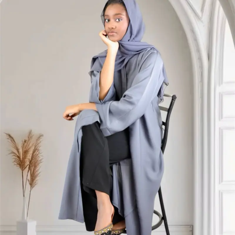 Open Front Button-Down Abaya with Matching Hijab | Gray Modesty Muslim Clothing Formal