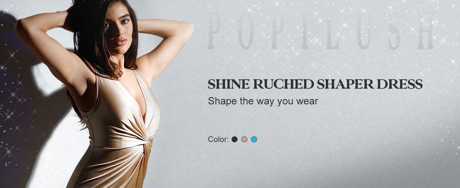 Popilush The Shapewear Dress Deep V-Neck Twisted Shine Maxi Formal Sleeveless Dress with High Elastic Body-Shaping Nylon Fabric