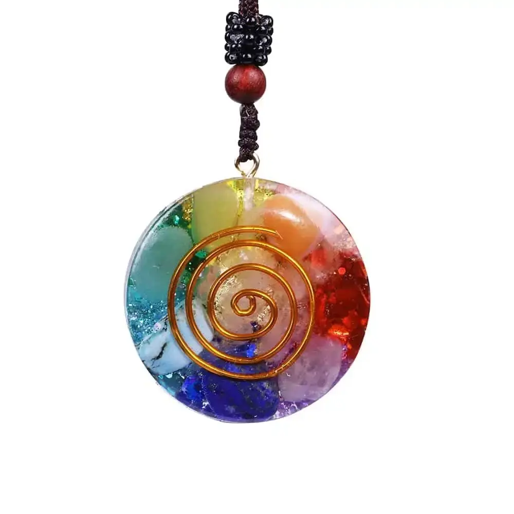 Orgonite Chakra Circle Necklace - Magnetic Focus Amulet Pendant, Natural Amethyst Crystal and Stone Mix Resin Jewelry for Meditation, Balance
