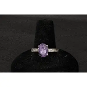 Charoite Oval Ring Set In Sterling Silver With A Floral Ring Band Size 9.5