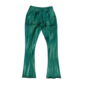 Men's Plain Green Washed Sweatpants with Embroidered Pocket - Menswear