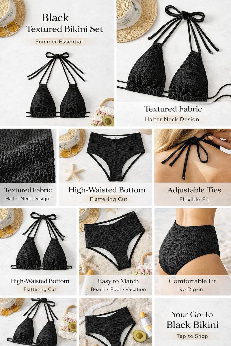 Black textured halter high-waisted bikini | Fashionable summer beach swimwear set with a twisted front waist; four unique styles — Hawaiian, Miami, Victoria’s Secret