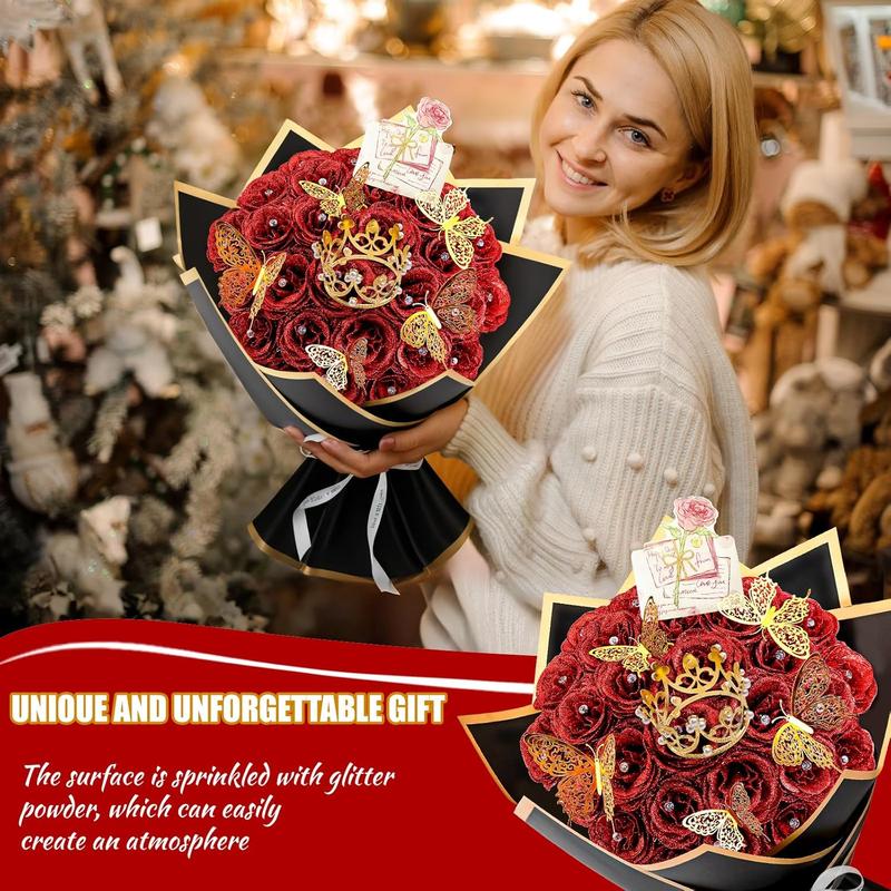 28 Red Glitter Roses Bouquet - Artificial Flowers Bouquet with Diomand Pins,Red Roses DIY Fake Flower Bouquet Kit - Sparkling Flower Arrangement for Valentines Day,Anniversary,Weddings Engagement
