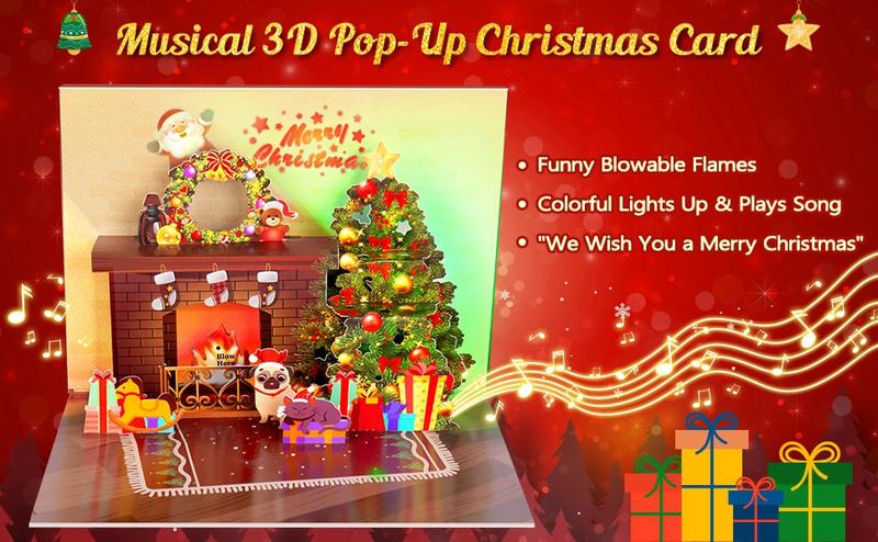 Christmas Card Pop Up with Light and Music 3D Santa Fireplace Merry Christmas Greeting Card with Envelope for Kids Girls Women Man Christmas Gift