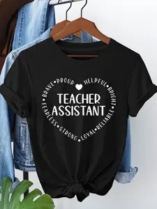 100% Cotton Women's Teacher Assistant Qualities T-Shirt - BRAVE PROUD HELPFUL BRIGHT FEARLESS STRONG LOYAL RELIABLE Letter Print Top, Short Sleeve Crew Neck Casual Educator Apparel for Staff, Spring & Summer Clothing