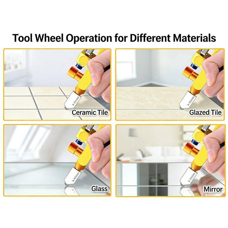 Glass and tile cutter, equipped with 2 tungsten steel blades and 4 contact points, a 2-in-1 manual tile cutting tool with breaking pliers, suitable for cutting 3-15mm ceramic tiles, glass, and mirrors.  A manual glass cutting tool and home DIY tool set.