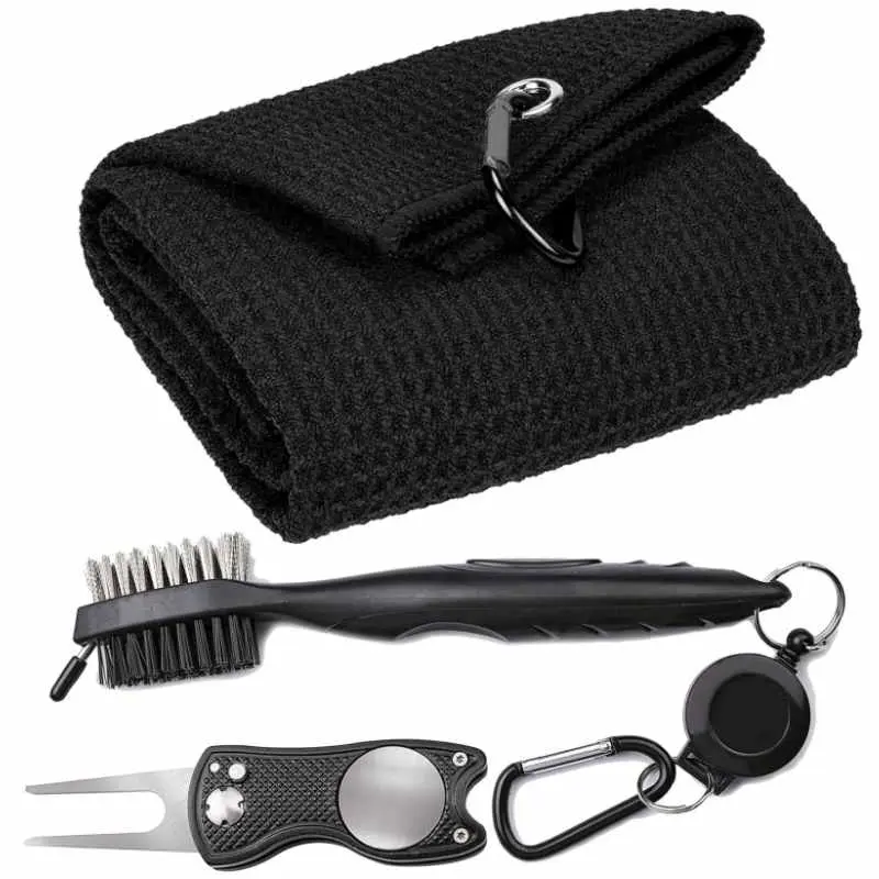 Microfiber Waffle Pattern Golf Towel, Club Groove Cleaner Brush, Foldable Divot Tool with Magnetic Ball Marker, Suitable for Clean Golf Clubs and Golf Balls