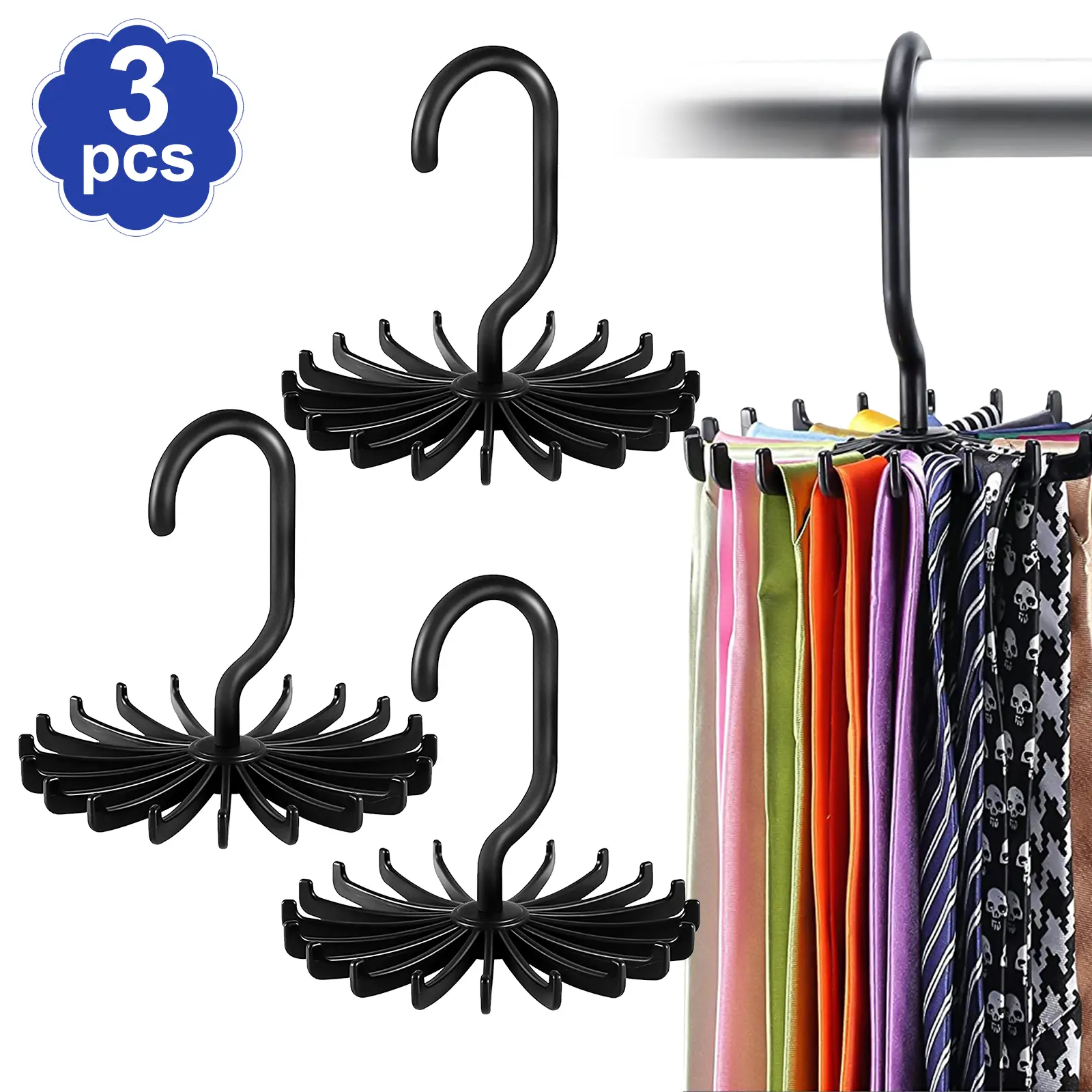 3 Pack Plastic 360° Rotatable Tie Hanger - 20-Claw Multipurpose Closet Organizer Rack for Home, Travel Storage of Hats, Belts