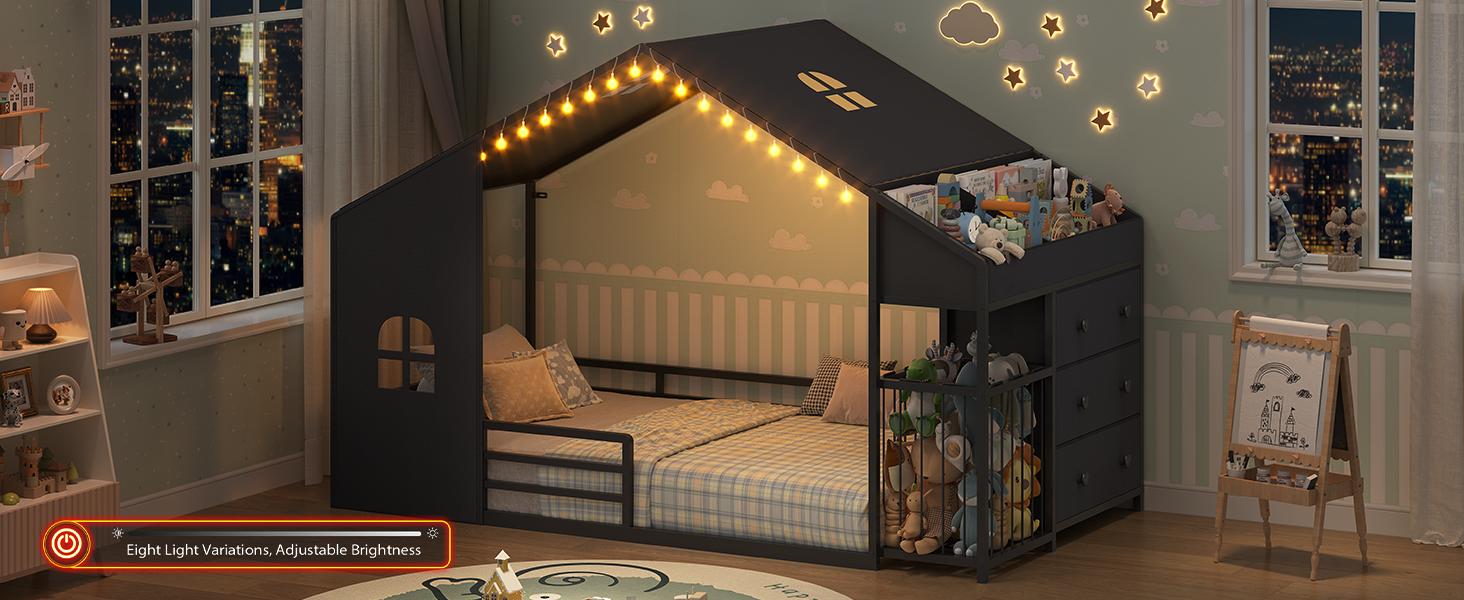 Twin Size Montessori Floor Bed with LED Night Light & Safety Guardrail, House Bed Floor Bed Twin with Drawers, Bookshelf storage & Plush Toy Storage Cage, Playhouse Bed Frame for Bedroom, Nursery, Black
