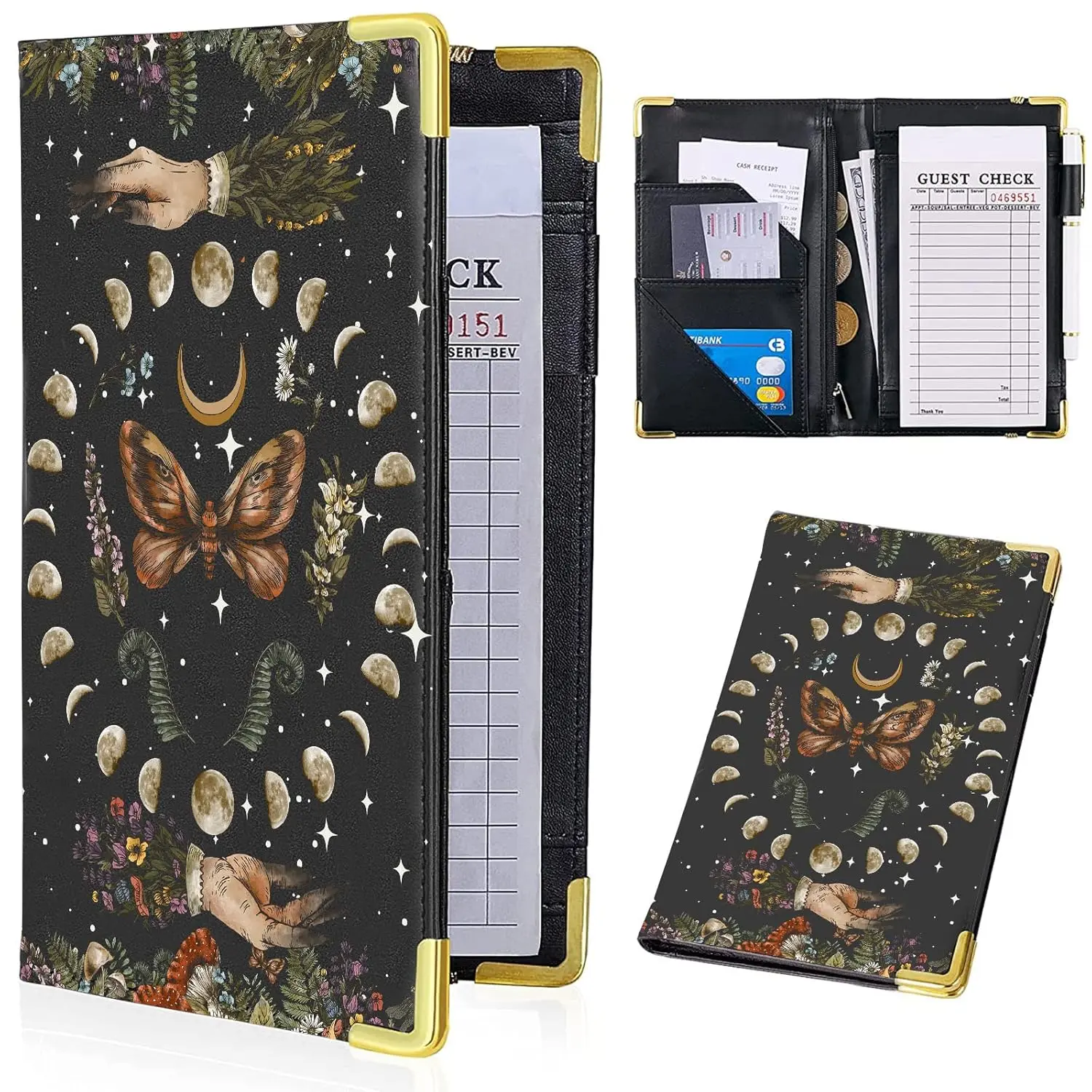 Server Books for Waitress with Zipper Pocket Leather Book, Cash Check Bill Receipt Holder Presenter, Guest Book Note Pad Waiter Accessories Fit Server Apron