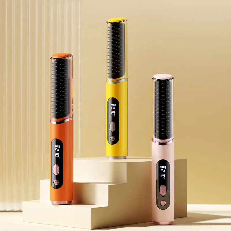 Women's Battery-Powered Ionic Hair Straightener Brush - Straightening Comb with Negative Ions, 5 Temp Settings, LED Display, Professional Styling Tool