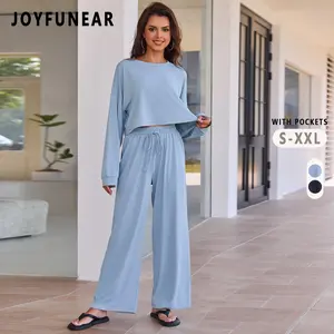 Joyfunear Spring and summer women's solid color casual long sleeved top and pants two-piece set