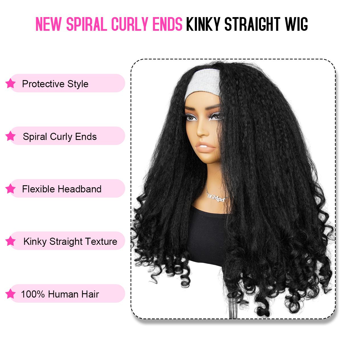 [New In] BGMgirl Headband Kinky Straight Half Wig with Spiral Curly Ends  200% Density Wig 100% Human Hair No-Glue Easy Install Beginner Friendly Protective Style Ready to Wear for Fall Winter