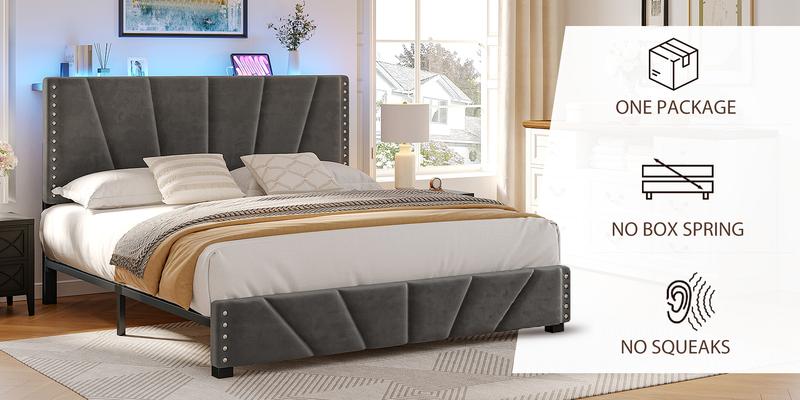 Upholstered Bed Frame for King Queen Fullwith LED & USB Ports,No Mattress, Modern Luxury Platform Bed Frame with Headboard and Storage Shelf, No Noise, Holds 800lbs, Wood Slats & Metal Frame, Gray, Beige